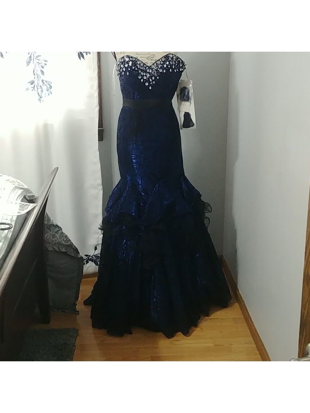 NWT Jasmine Mermaid Style Navy Sequined Strapless Prom Dress 2